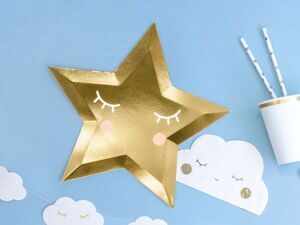 Тарелки бумажные праздничные "Звезда. Little Star" золотые металлик фигурные, 27 см (золото)